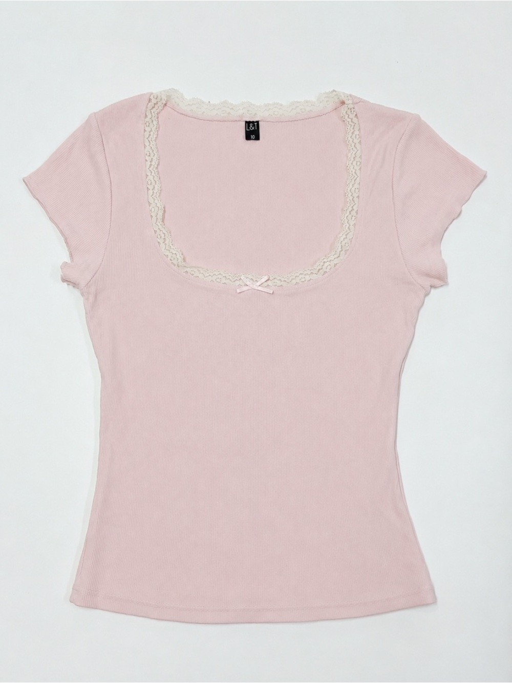 Soft Pink Lace-Trim Scoop Neck Short Sleeve Top